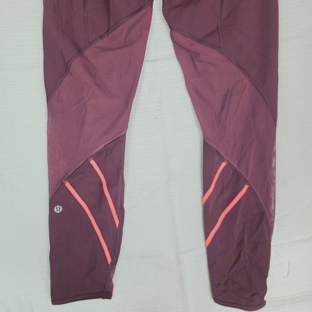 Lululemon Tight Stuff Tight Burgundy Mesh Panel Running Leggings Pink Zip Size 6 - Picture 9 of 11